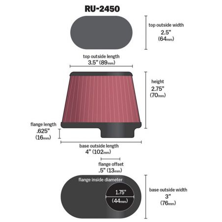 K&N Univ Clamp-On Air Filter - 1-3/4in FLG O/S 4in X 3in B 3in X 2in T 2-3/4inH OVAL