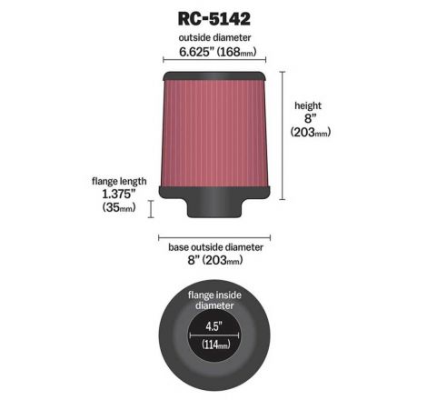 K&N Universal Clamp-On Air Filter inch FLG 4.5inch Base 4 inch Top 4-1/2in FLG 8in Base