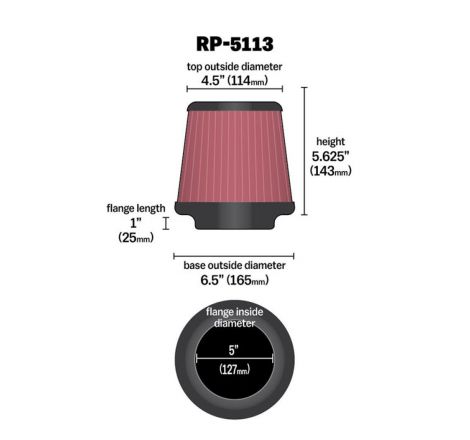 K&N Cone Filter 5in ID 6.5in base 4.5in top 5.625in height carbon fiber look