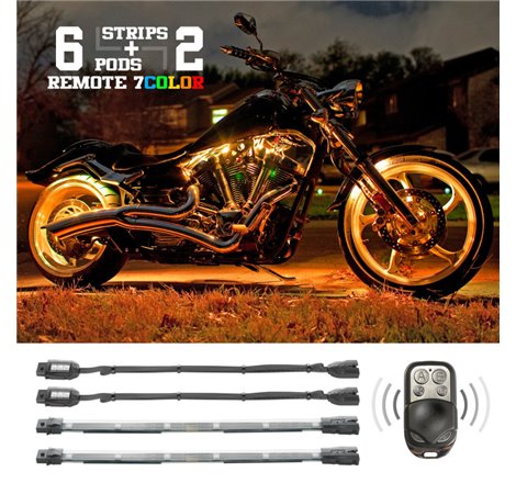 XK Glow Flex Strips 7 Color LED Accent Light Motorcycle/ATV (6xCompact Pods + 2x10In)