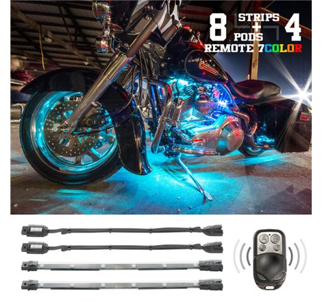 XK Glow Flex Strips 7 Color LED Accent Light Motorcycle/ATV Kit (8xCompact Pods + 4x10In)