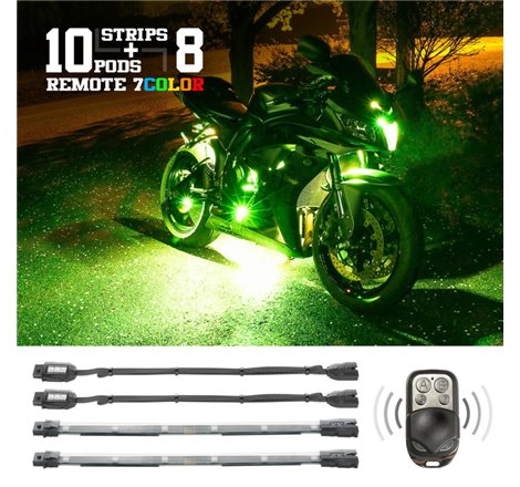 XK Glow Flex Strips 7 Color LED Accent Light Motorcycle/ATV Kit (10xCompact Pods + 8x10In)