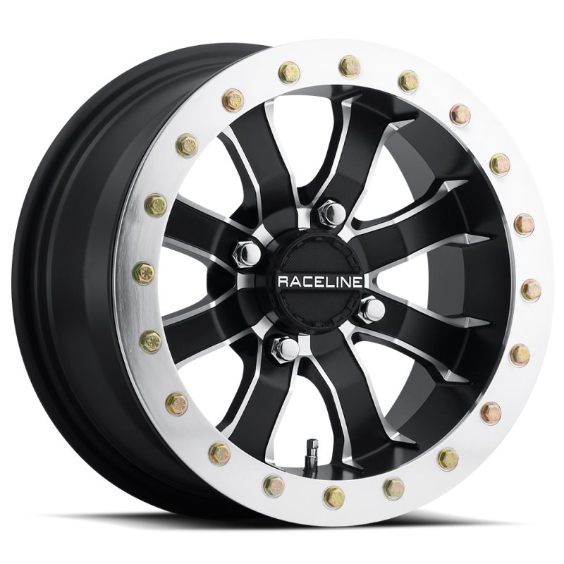 Raceline A71 Mamba 12x7in/4x110 BP/10mm Offset/83.8mm Bore - Black & Machined Ring Beadlock Wheel