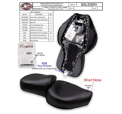 Mustang 96-03 Harley Sportster 3.3 Gal Vintage Touring-XIS 1PC Seat - Blackl