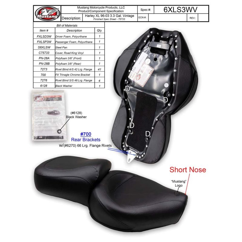 Mustang 96-03 Harley Sportster 3.3 Gal Vintage Touring-XIS 1PC Seat - Blackl