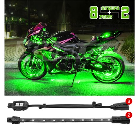 XK Glow Strips Single Color XKGLOW LED Accent Light Motorcycle Kit Green - 8xPod + 2x8In