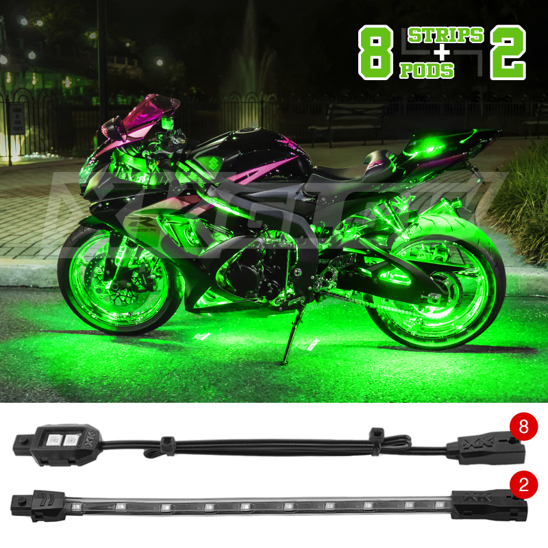 XK Glow Strips Single Color XKGLOW LED Accent Light Motorcycle Kit Green - 8xPod + 2x8In