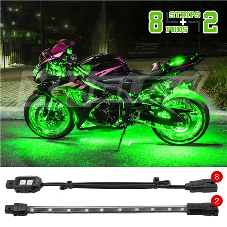 XK Glow Strips Single Color XKGLOW LED Accent Light Motorcycle Kit Green - 8xPod + 2x8In