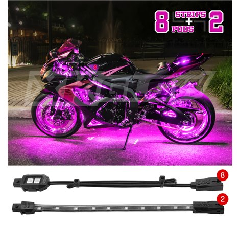 XK Glow Strips Single Color XKGLOW LED Accent Light Motorcycle Kit Pink - 8xPod + 2x8In