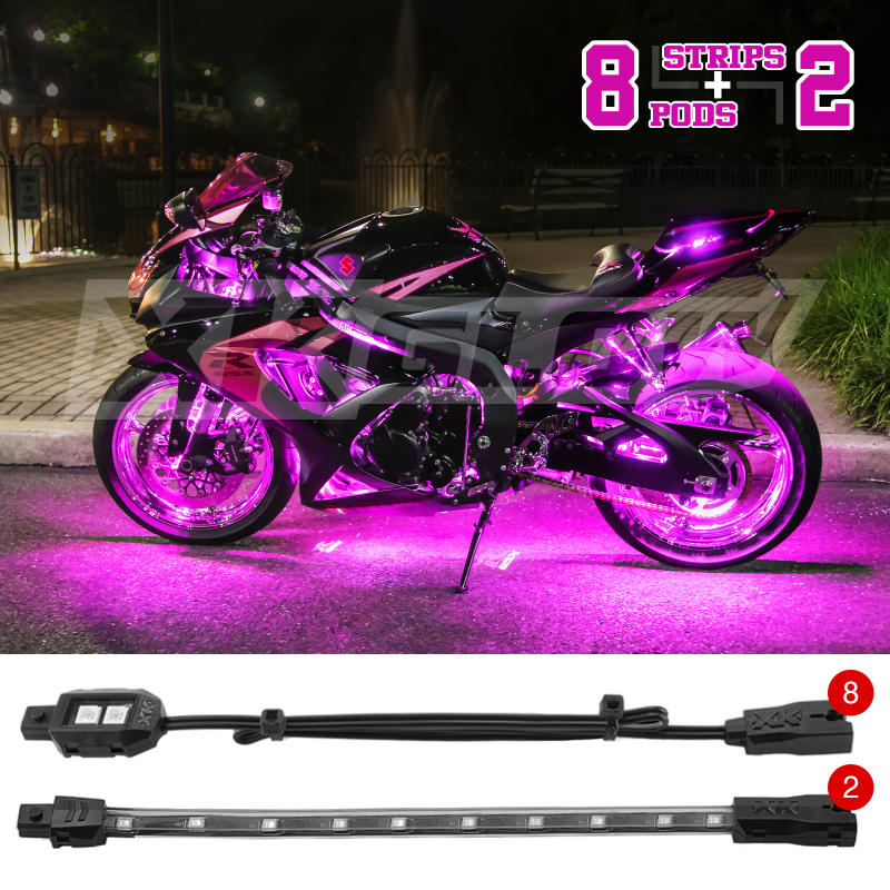 XK Glow Strips Single Color XKGLOW LED Accent Light Motorcycle Kit Pink - 8xPod + 2x8In