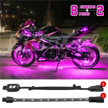 XK Glow Strips Single Color XKGLOW LED Accent Light Motorcycle Kit Pink - 8xPod + 2x8In