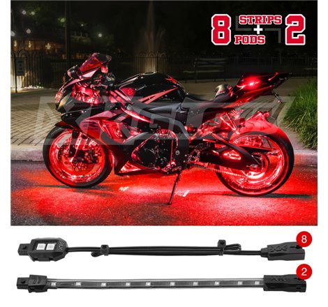 XK Glow Single Color XKGLOW LED Accent Light Motorcycle Kit Red - 8xPod + 2x8InStrips