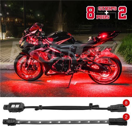 XK Glow Single Color XKGLOW LED Accent Light Motorcycle Kit Red - 8xPod + 2x8InStrips