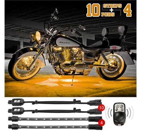 XK Glow Strips Single Color XKGLOW LED Accent Light Motorcycle Kit Amber - 10xPod + 4x8In