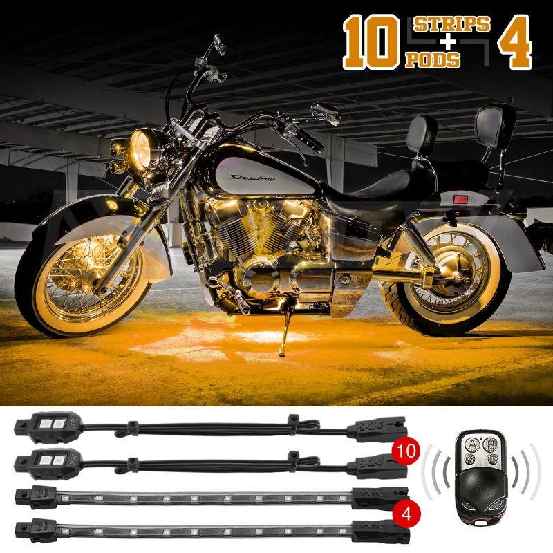 XK Glow Strips Single Color XKGLOW LED Accent Light Motorcycle Kit Amber - 10xPod + 4x8In