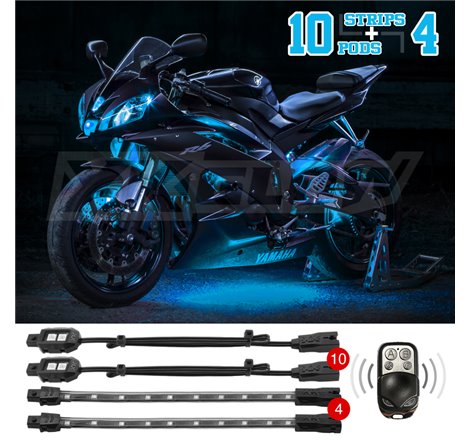 XK Glow Strips Single Color XKGLOW LED Accent Light Motorcycle Kit Light Blue - 10xPod + 4x8In