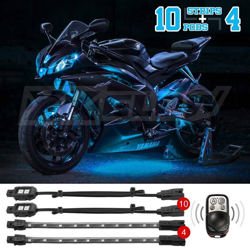 XK Glow Strips Single Color XKGLOW LED Accent Light Motorcycle Kit Light Blue - 10xPod + 4x8In