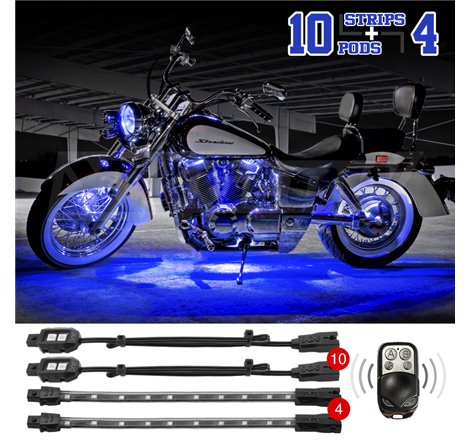 XK Glow Strips Single Color XKGLOW LED Accent Light Motorcycle Kit Blue - 10xPod + 4x8In