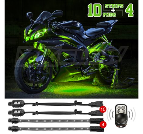 XK Glow Strips Single Color XKGLOW LED Accent Light Motorcycle Kit Green - 10xPod + 4x8In