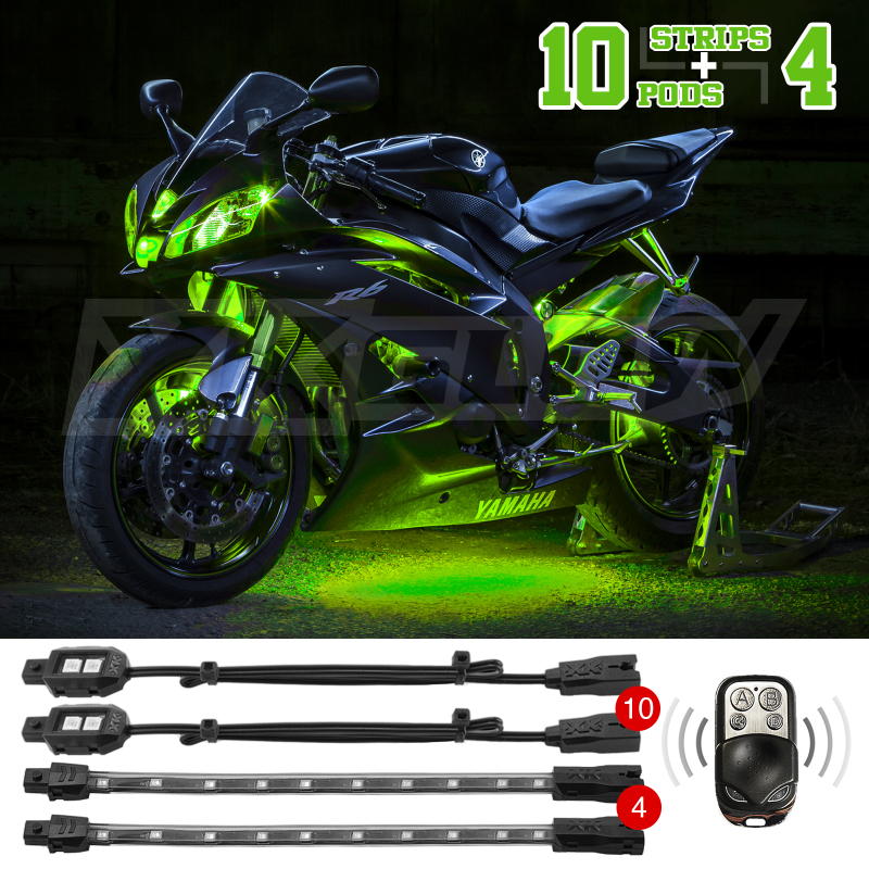 XK Glow Strips Single Color XKGLOW LED Accent Light Motorcycle Kit Green - 10xPod + 4x8In