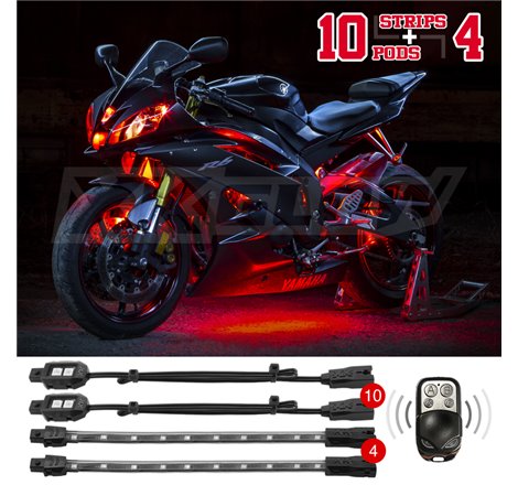 XK Glow Single Color XKGLOW LED Accent Light Motorcycle Kit Red - 10xPod + 4x8InStrips