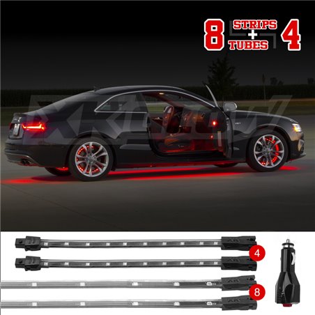 XK Glow Single Color XKGLOW UnderglowLED Accent Light Car/Truck Kit Red - 8x24In Tube + 4x8In Strip