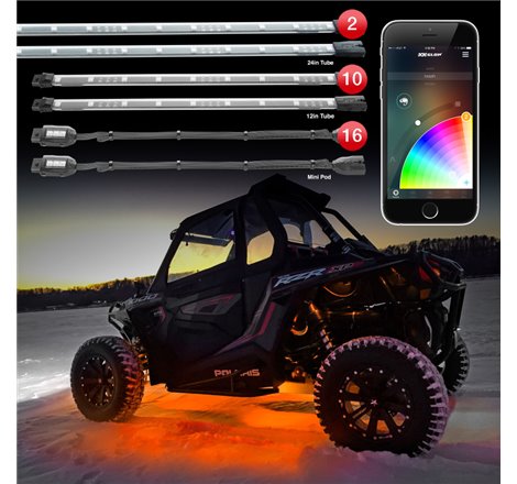 XK Glow Million Color XKCHROME App Controlled Offroad UTV Kit 2x24In Tube + 10x12In Tube + 16xPods