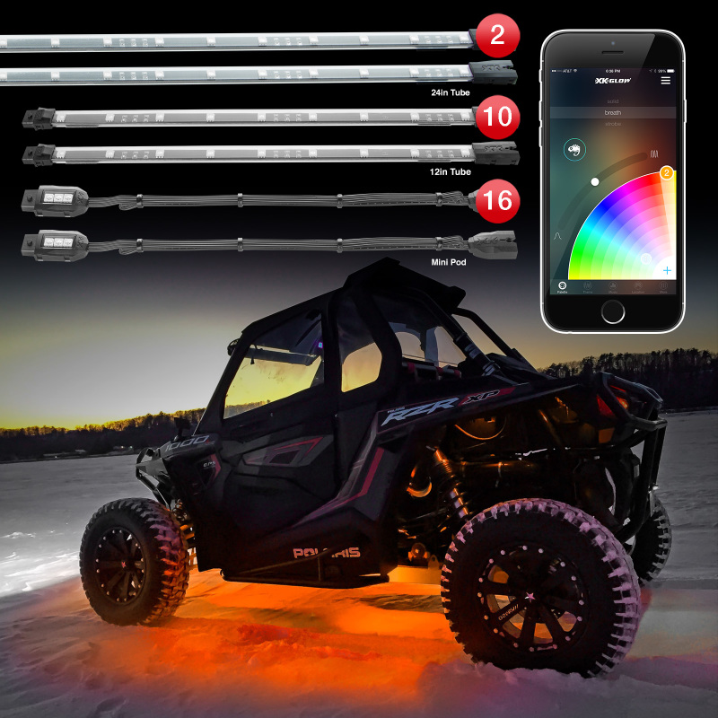 XK Glow Million Color XKCHROME App Controlled Offroad UTV Kit 2x24In Tube + 10x12In Tube + 16xPods