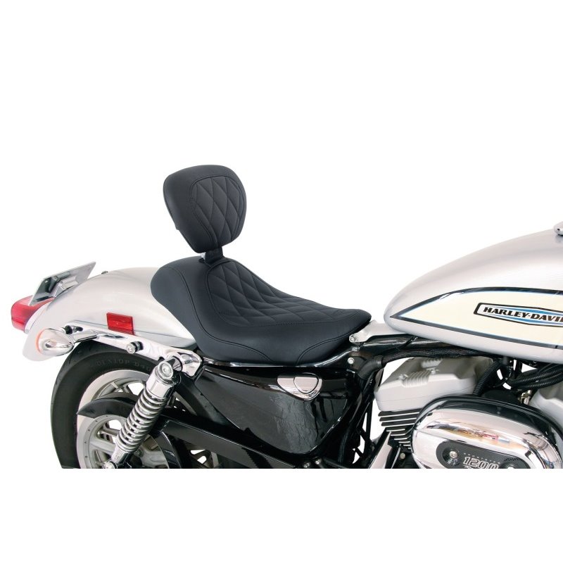 Mustang 04-21 Harley Sportster Wide Tripper Solo Seat w/Driver Backrest Diamond Stitch - Black