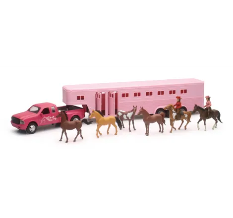 New Ray Toys Pink Pickup Fifth Wheel Horse Trailer Set/ Scale - 1:32