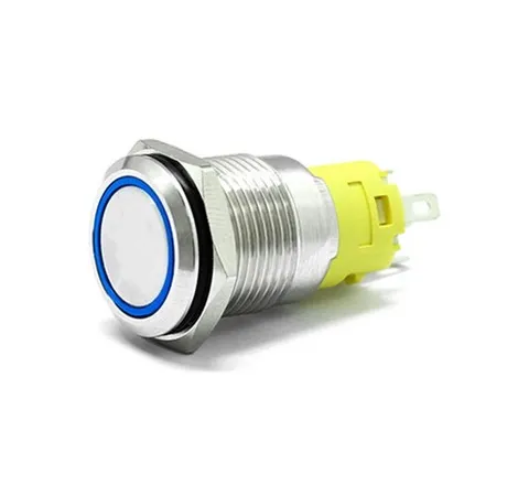 16mm Chrome Latching Push Button Switch - Blue LED