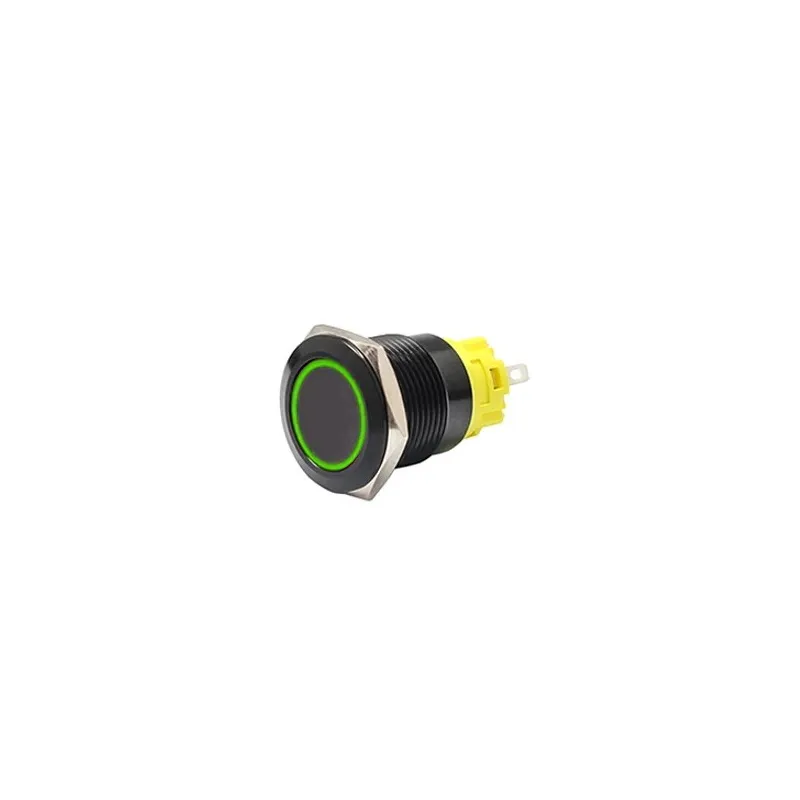 16mm Black Latching Black Push Button Switch - Green LED